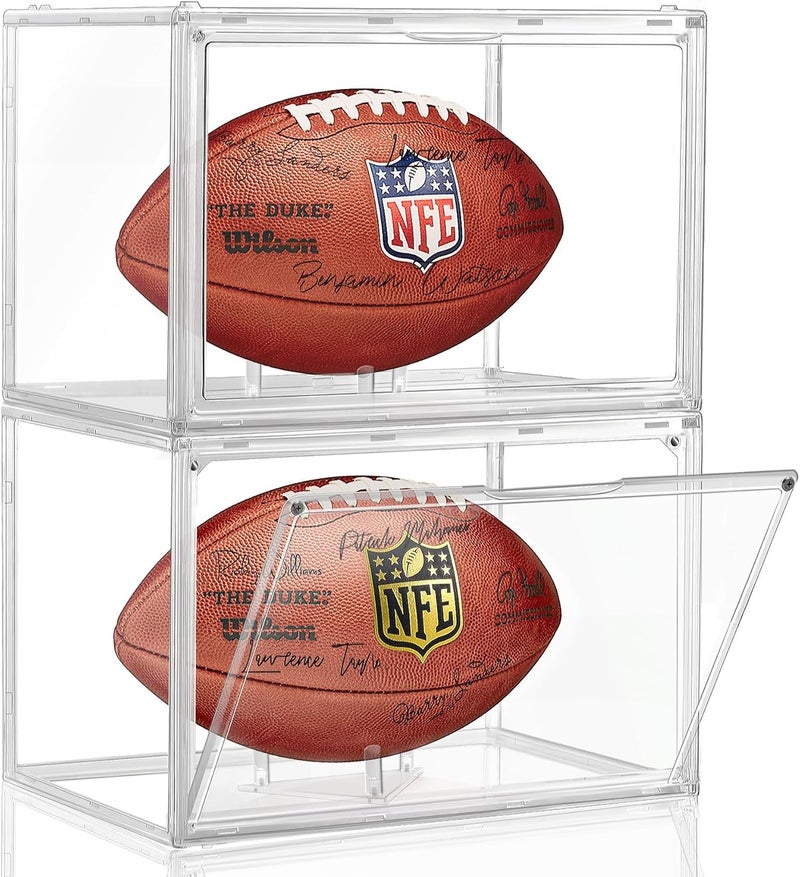 KKU 2 Pack Football Display Case, Acrylic Clear Football Case Full Size with Magnetic Door, Professional Memorabilia Football Display Boxes Football Holder Dust and UV Protection - Image 1